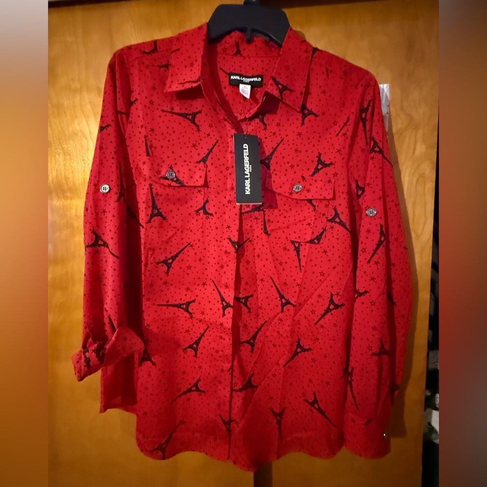 Karl Lagerfeld Red and Black Eiffel Tower Long Sleeve Top